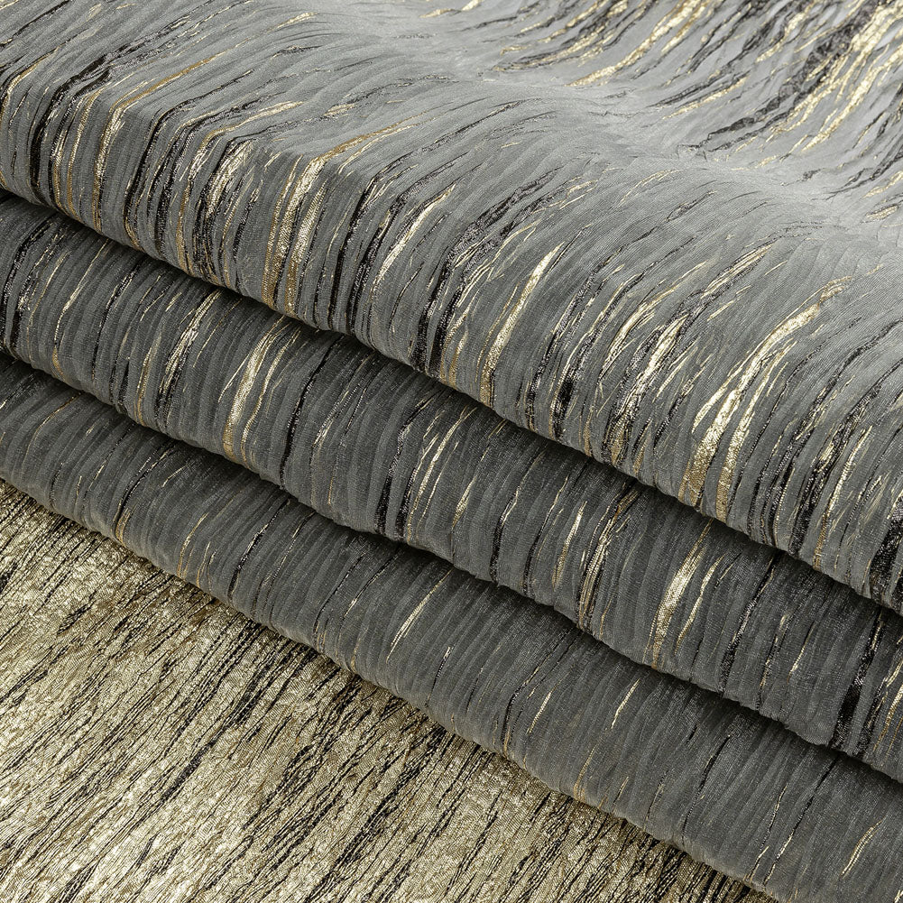 Metallic Gold and Black Striated Luxury Burnout Plisse Brocade with Scalloped Edges Metallic Gold and Black Striated Luxury Burnout Plisse Brocade with Scalloped Edges