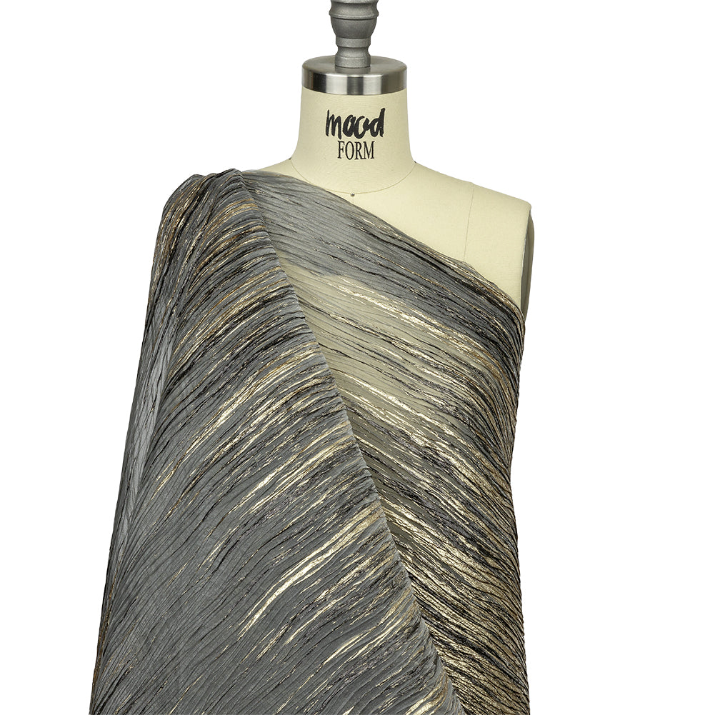 Metallic Gold and Black Striated Luxury Burnout Plisse Brocade with Scalloped Edges Metallic Gold and Black Striated Luxury Burnout Plisse Brocade with Scalloped Edges