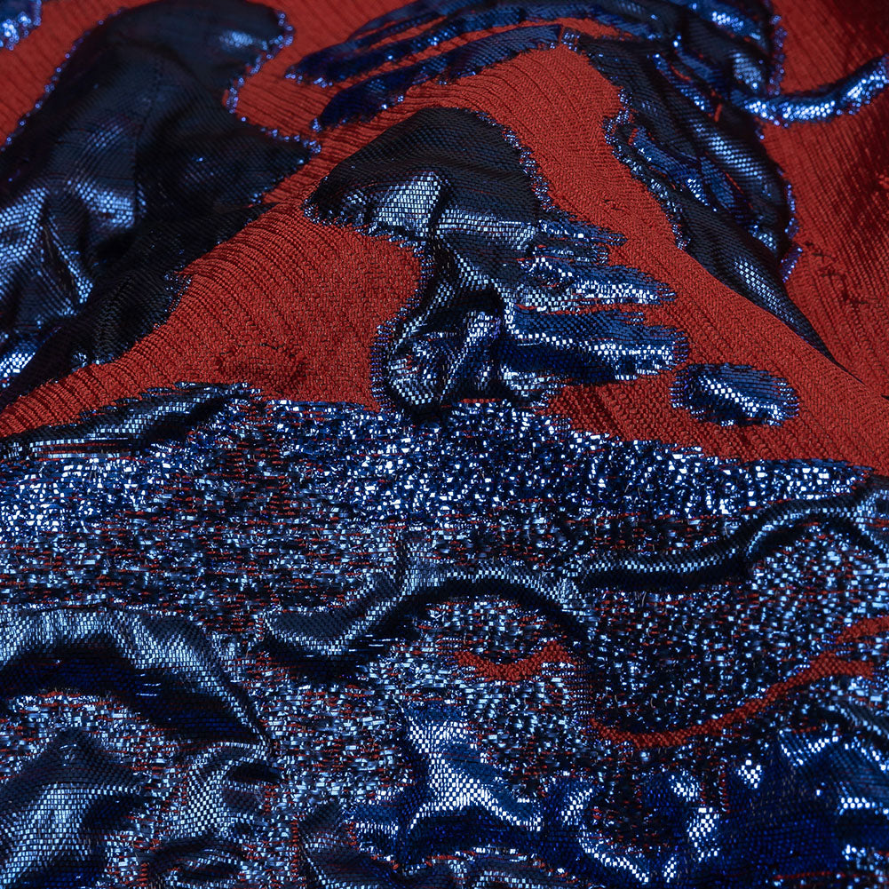 Metallic Diode Blue and Dark Red Spotted and Splattered Luxury Brocade - Detail Metallic Diode Blue and Dark Red Spotted and Splattered Luxury Brocade - Detail