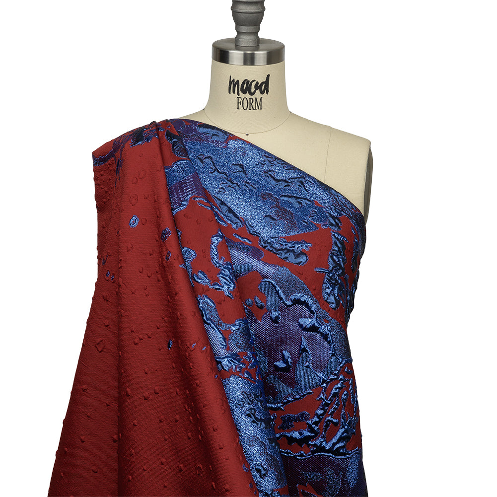 Metallic Diode Blue and Dark Red Spotted and Splattered Luxury Brocade - Drape Metallic Diode Blue and Dark Red Spotted and Splattered Luxury Brocade - Drape