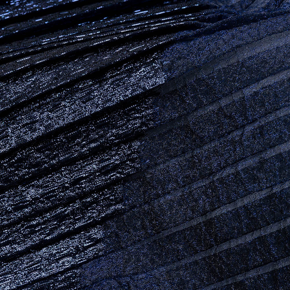 Metallic Navy Blue Waves Pleated Luxury Burnout Brocade Metallic Navy Blue Waves Pleated Luxury Burnout Brocade