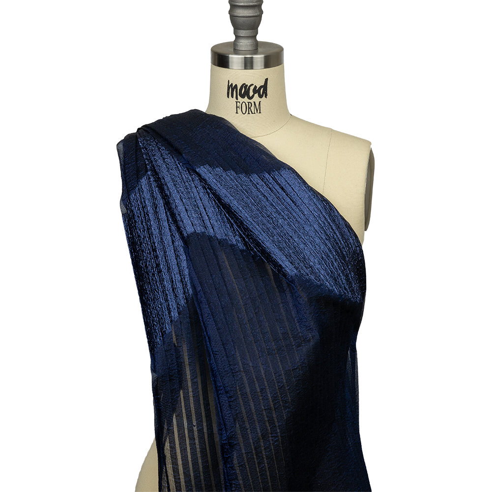 Metallic Navy Blue Waves Pleated Luxury Burnout Brocade Metallic Navy Blue Waves Pleated Luxury Burnout Brocade