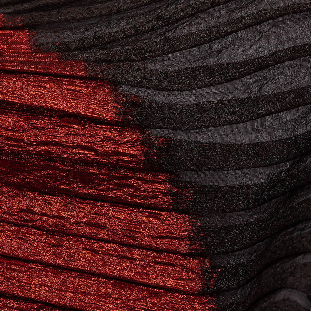 Metallic Savvy Red and Black Waves Pleated Luxury Burnout Brocade Metallic Savvy Red and Black Waves Pleated Luxury Burnout Brocade