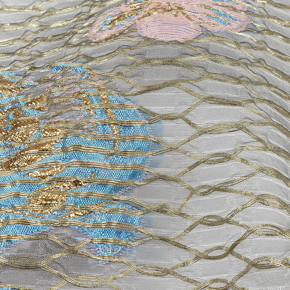 Metallic Bright Gold, Pink-a-boo and Bonnie Blue Florals and Latticework Sheer Luxury Brocade Metallic Bright Gold, Pink-a-boo and Bonnie Blue Florals and Latticework Sheer Luxury Brocade