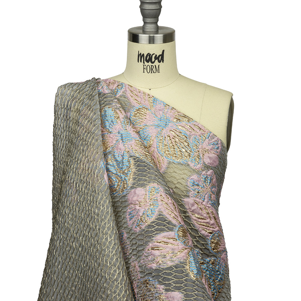 Metallic Bright Gold, Pink-a-boo and Bonnie Blue Florals and Latticework Sheer Luxury Brocade Metallic Bright Gold, Pink-a-boo and Bonnie Blue Florals and Latticework Sheer Luxury Brocade