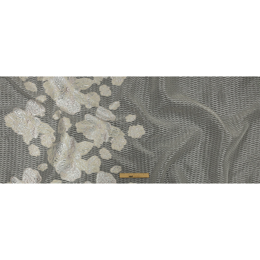 Metallic Silver, Petal Pink and Pearled Ivory Florals and Latticework Sheer Luxury Brocade Metallic Silver, Petal Pink and Pearled Ivory Florals and Latticework Sheer Luxury Brocade