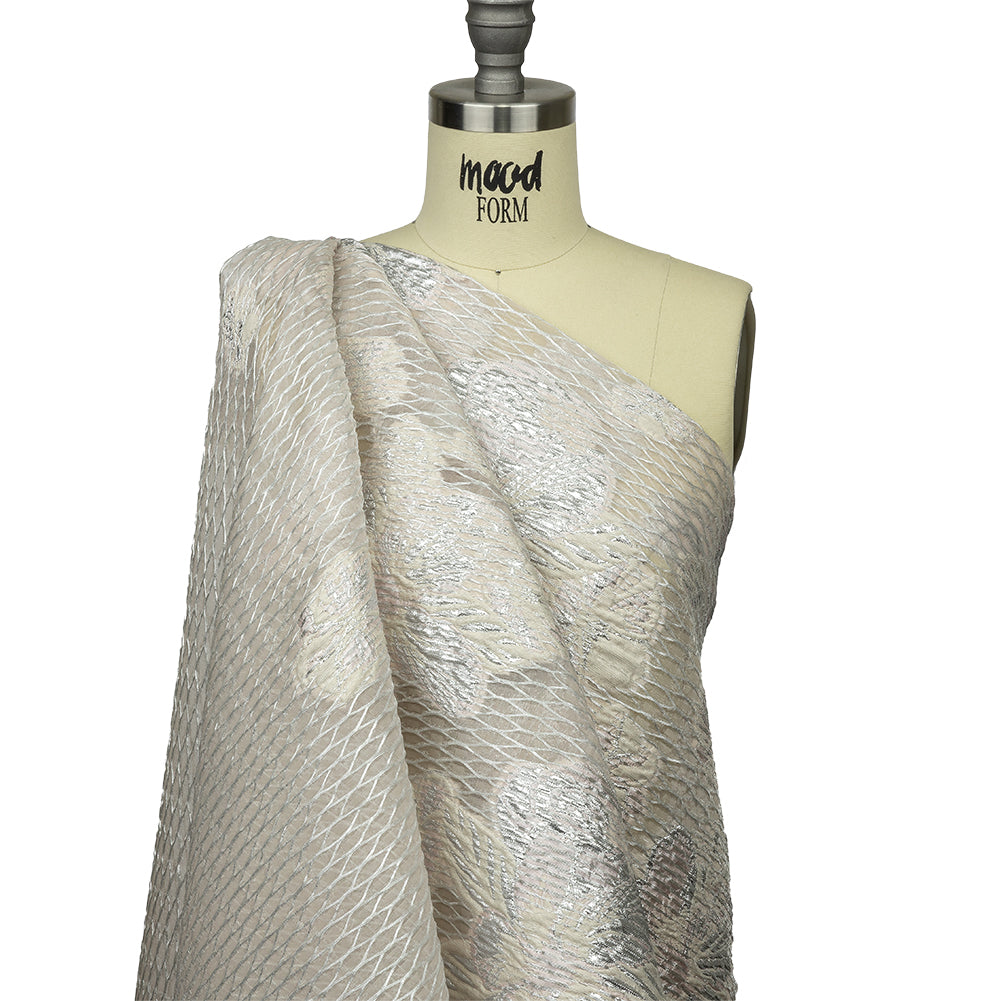 Metallic Silver, Petal Pink and Pearled Ivory Florals and Latticework Sheer Luxury Brocade Metallic Silver, Petal Pink and Pearled Ivory Florals and Latticework Sheer Luxury Brocade