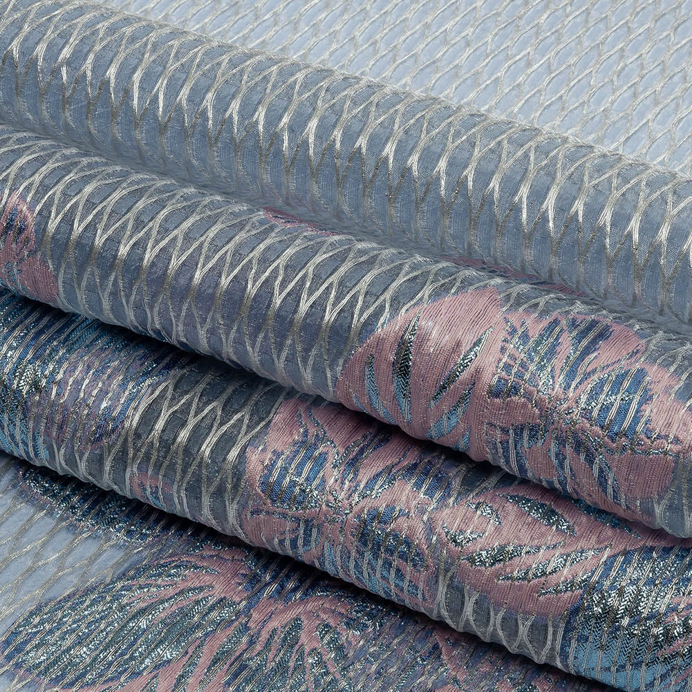 Metallic Silver, Candy Pink and Purple Rose Florals and Latticework Sheer Luxury Brocade Metallic Silver, Candy Pink and Purple Rose Florals and Latticework Sheer Luxury Brocade
