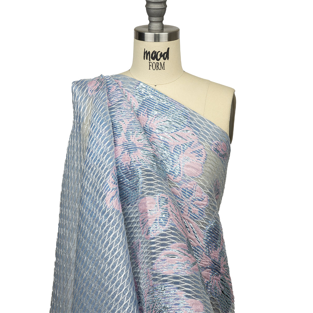 Metallic Silver, Candy Pink and Purple Rose Florals and Latticework Sheer Luxury Brocade Metallic Silver, Candy Pink and Purple Rose Florals and Latticework Sheer Luxury Brocade