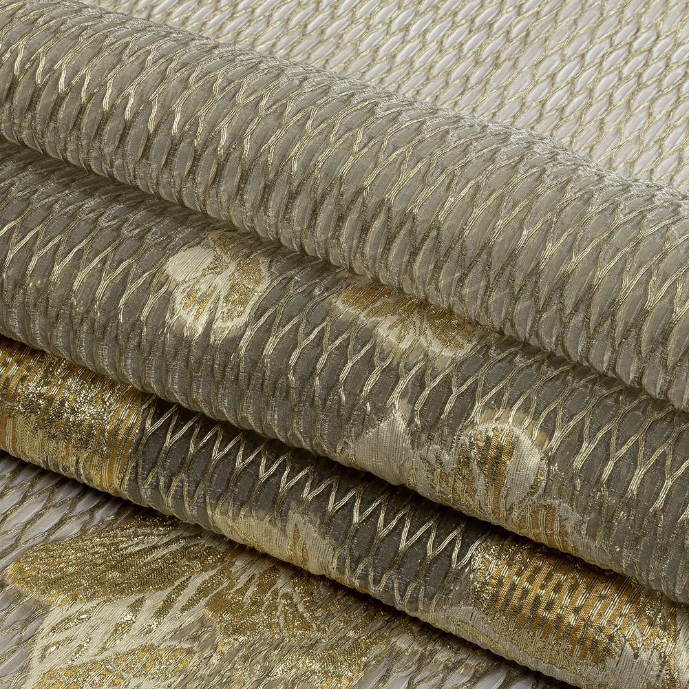 Metallic Golden Fleece and Beige Florals and Latticework Sheer Luxury Brocade Metallic Golden Fleece and Beige Florals and Latticework Sheer Luxury Brocade