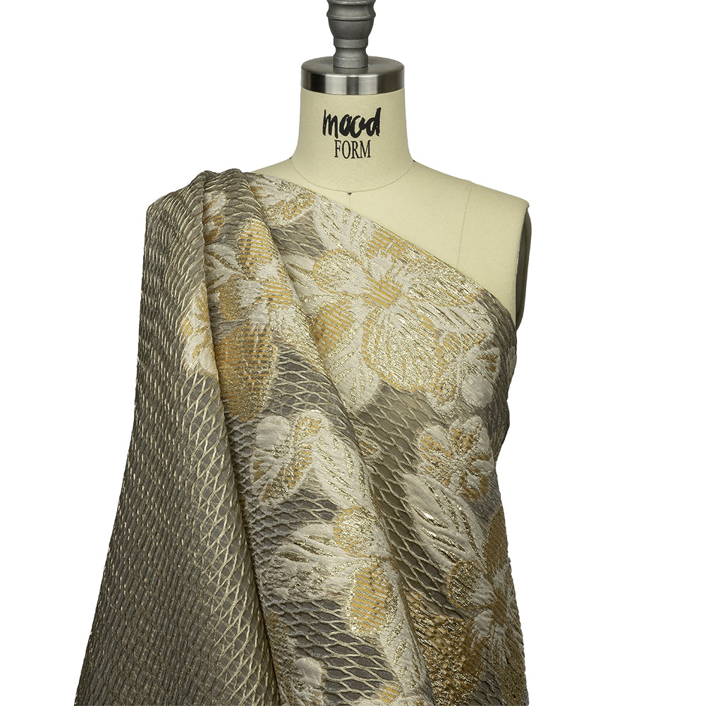 Metallic Golden Fleece and Beige Florals and Latticework Sheer Luxury Brocade Metallic Golden Fleece and Beige Florals and Latticework Sheer Luxury Brocade