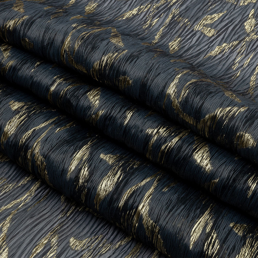 Metallic Gold and Steel Leafy Stems Luxury Plisse Brocade with Scalloped Edges - Folded Metallic Gold and Steel Leafy Stems Luxury Plisse Brocade with Scalloped Edges - Folded
