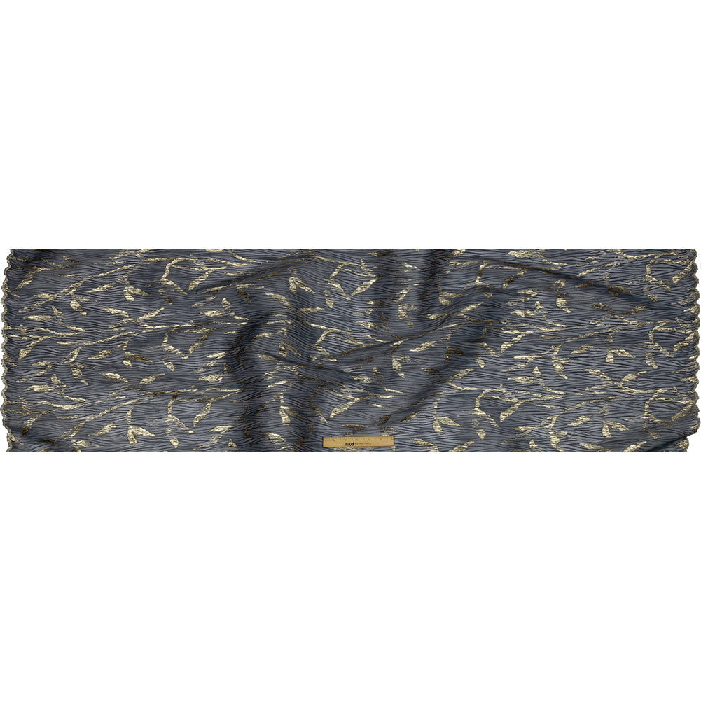 Metallic Gold and Steel Leafy Stems Luxury Plisse Brocade with Scalloped Edges - Full Metallic Gold and Steel Leafy Stems Luxury Plisse Brocade with Scalloped Edges - Full