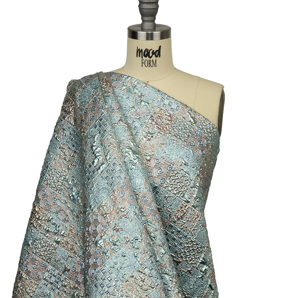 Metallic Rose Gold and Blue Glow Patchwork Luxury Brocade Metallic Rose Gold and Blue Glow Patchwork Luxury Brocade