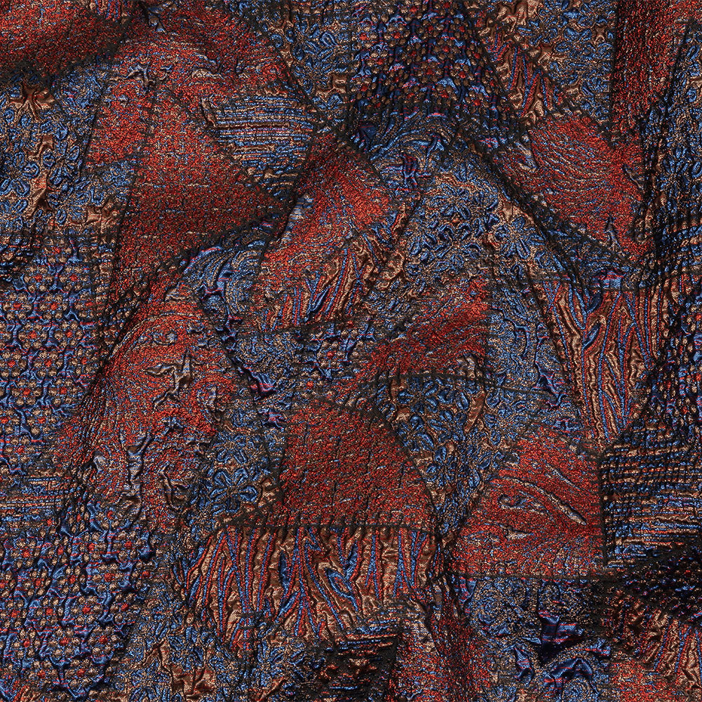 Metallic Candy Apple Red, Magnetic Blue and Glamour Gold Crazy Quilt Patchwork Luxury Brocade Metallic Candy Apple Red, Magnetic Blue and Glamour Gold Crazy Quilt Patchwork Luxury Brocade