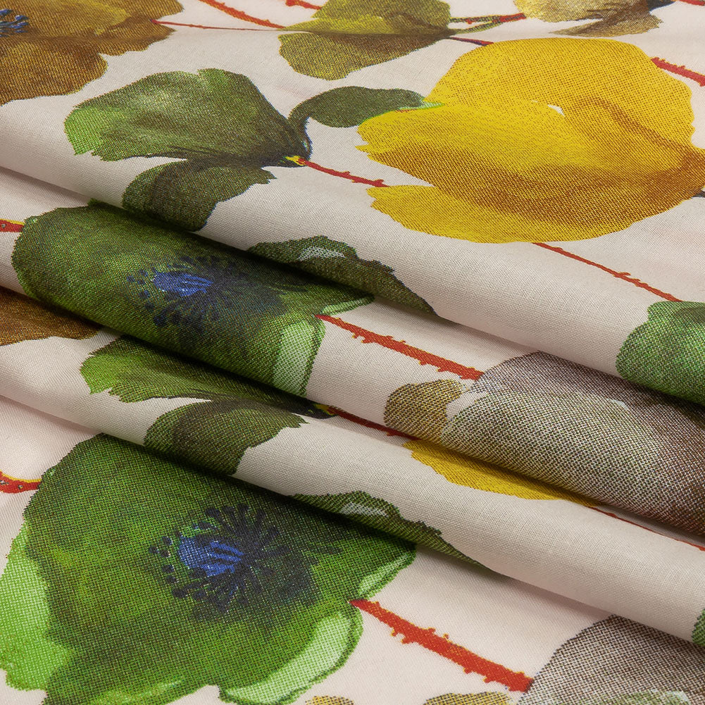 Lime, Olive and Red Orange Painterly Blooms Cotton Lawn Lime, Olive and Red Orange Painterly Blooms Cotton Lawn