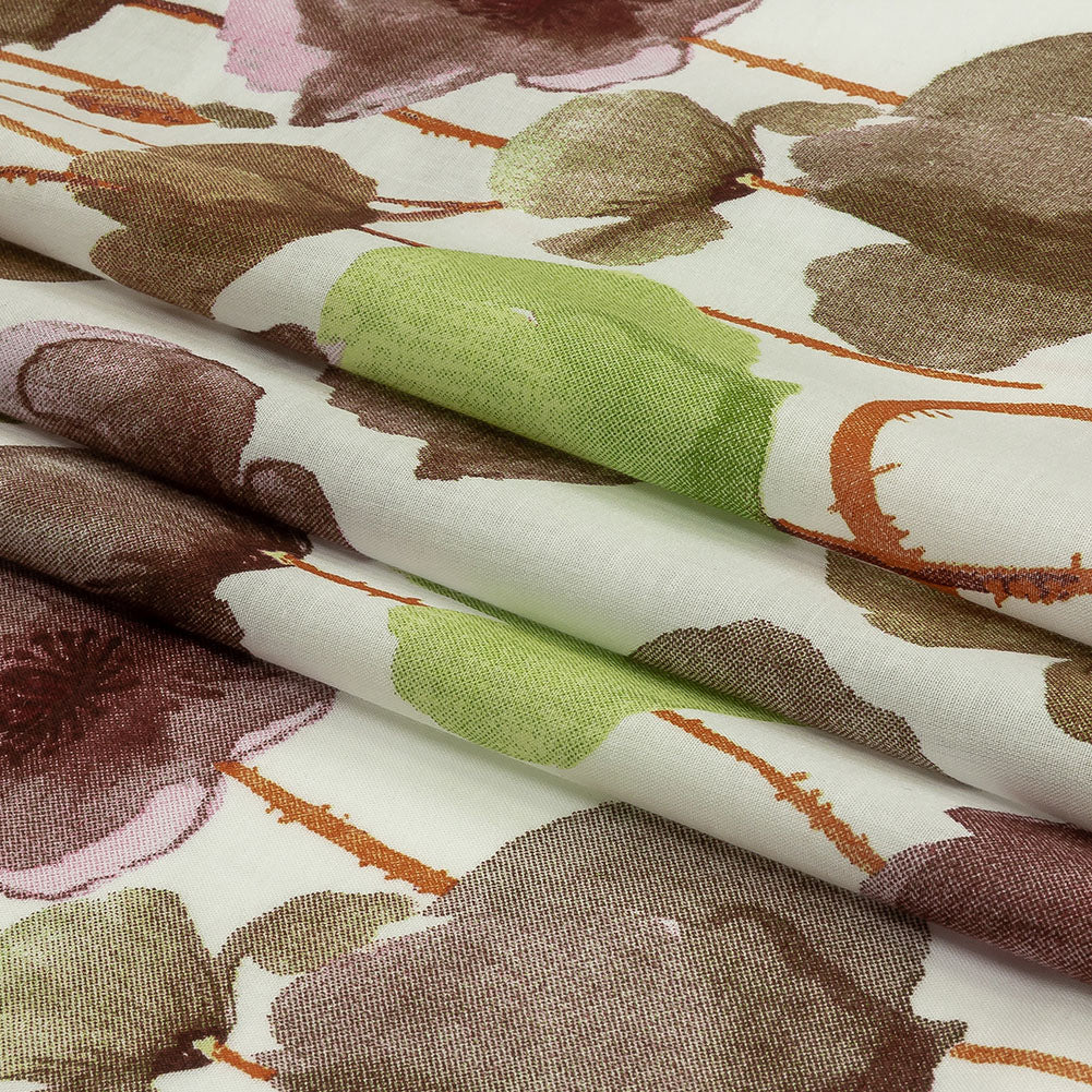 Lime, Burgundy and Orange Painterly Blooms Cotton Lawn - Folded Lime, Burgundy and Orange Painterly Blooms Cotton Lawn - Folded