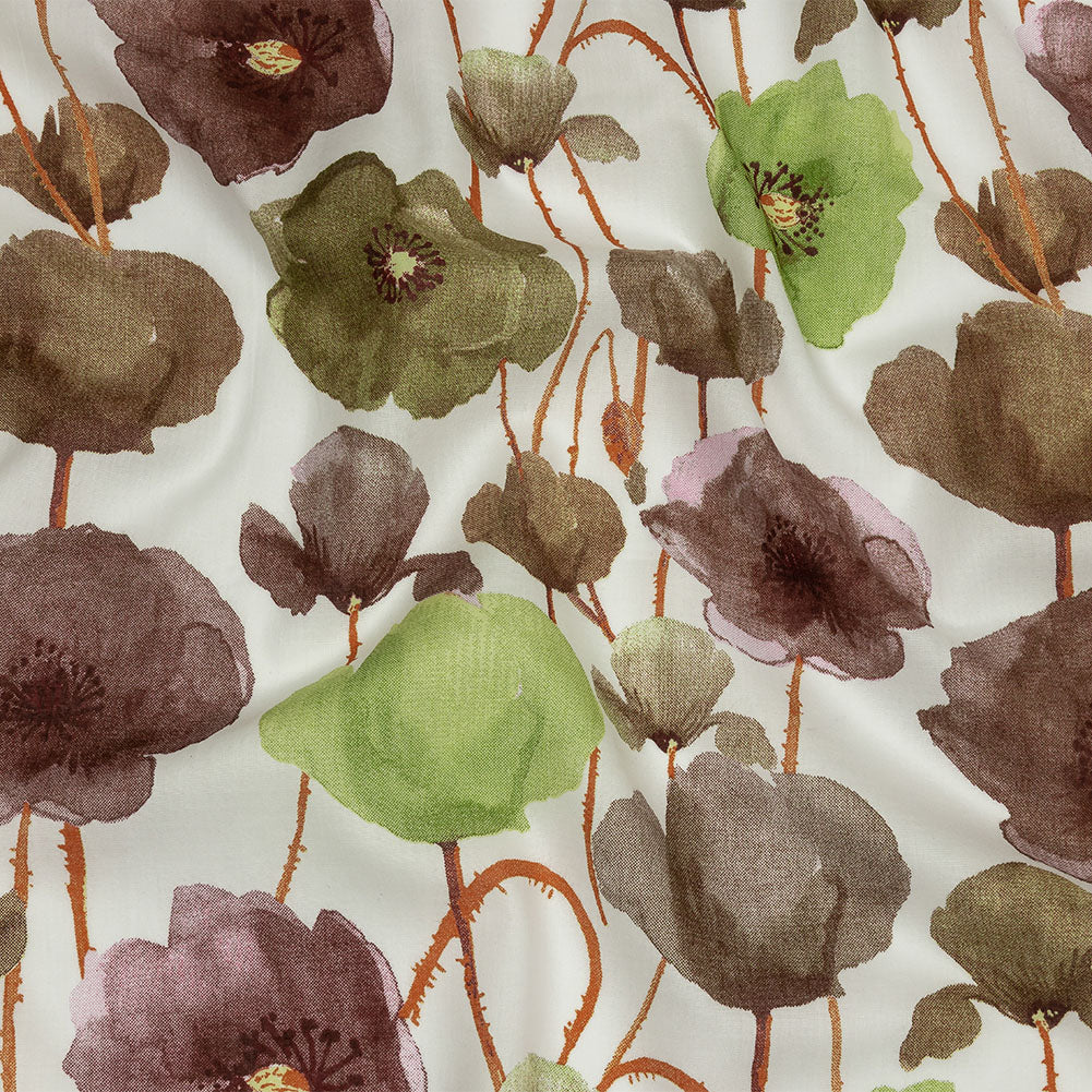 Lime, Burgundy and Orange Painterly Blooms Cotton Lawn Lime, Burgundy and Orange Painterly Blooms Cotton Lawn