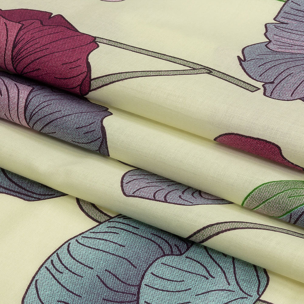Fuchsia, Baby Blue and Pale Yellow Big Poppies Cotton Lawn - Folded Fuchsia, Baby Blue and Pale Yellow Big Poppies Cotton Lawn - Folded