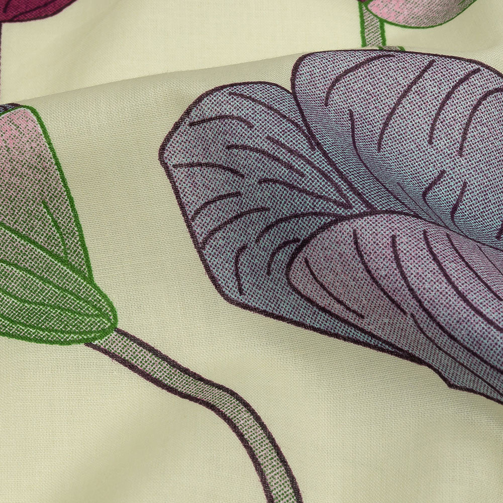 Fuchsia, Baby Blue and Pale Yellow Big Poppies Cotton Lawn - Detail Fuchsia, Baby Blue and Pale Yellow Big Poppies Cotton Lawn - Detail