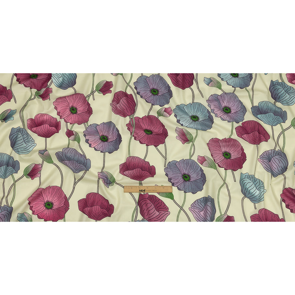 Fuchsia, Baby Blue and Pale Yellow Big Poppies Cotton Lawn - Full Fuchsia, Baby Blue and Pale Yellow Big Poppies Cotton Lawn - Full