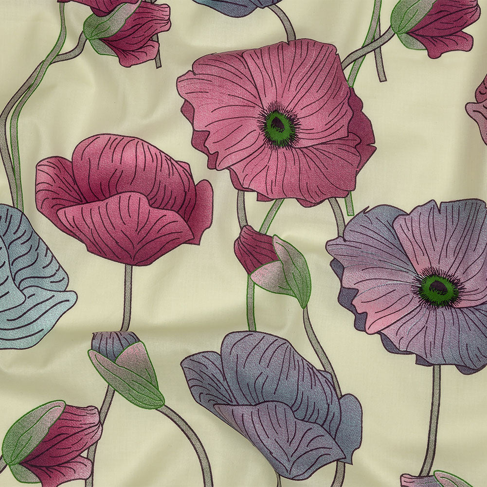 Fuchsia, Baby Blue and Pale Yellow Big Poppies Cotton Lawn Fuchsia, Baby Blue and Pale Yellow Big Poppies Cotton Lawn