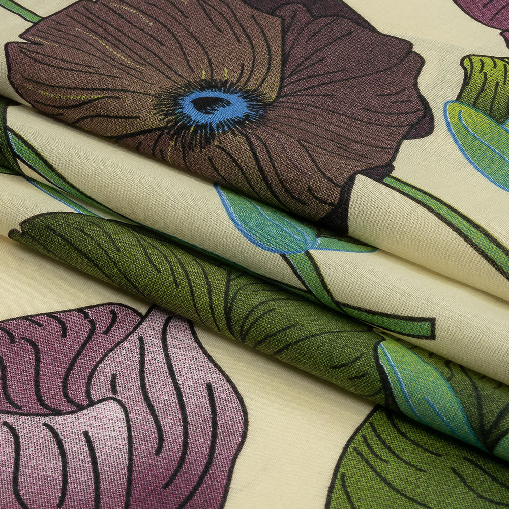Beige, Green and Plum Big Poppies Cotton Lawn - Folded Beige, Green and Plum Big Poppies Cotton Lawn - Folded