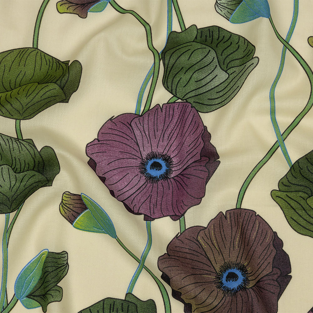 Beige, Green and Plum Big Poppies Cotton Lawn Beige, Green and Plum Big Poppies Cotton Lawn