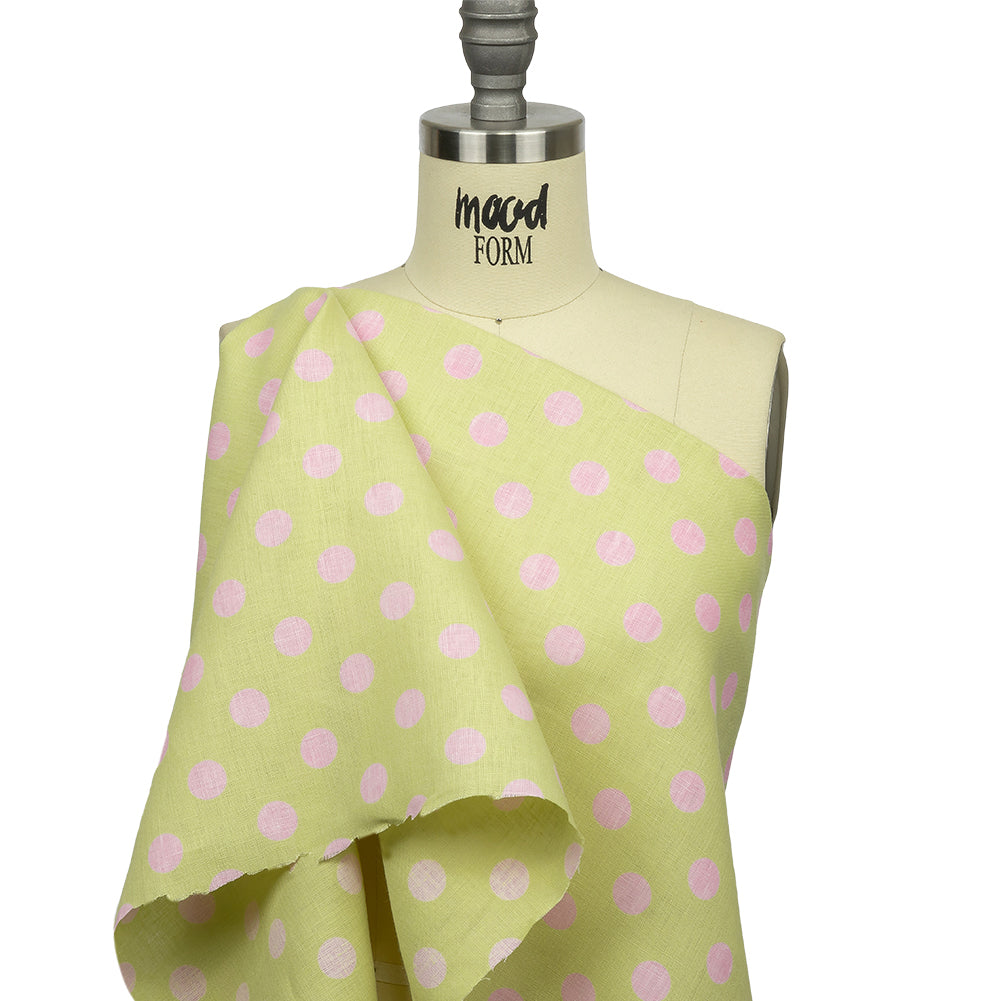 Lime and Pink Polka Dots Medium Weight Linen Woven Lime and Pink Polka Dots Medium Weight Linen Woven
