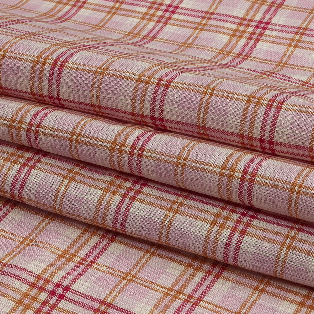 Pink, Orange and Cream Plaid Lightweight Linen Woven Pink, Orange and Cream Plaid Lightweight Linen Woven