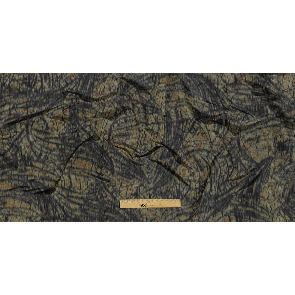 Italian Olive, Orange and Black Abstract Warp Printed Polyester Faille Full Italian Olive, Orange and Black Abstract Warp Printed Polyester Faille Full