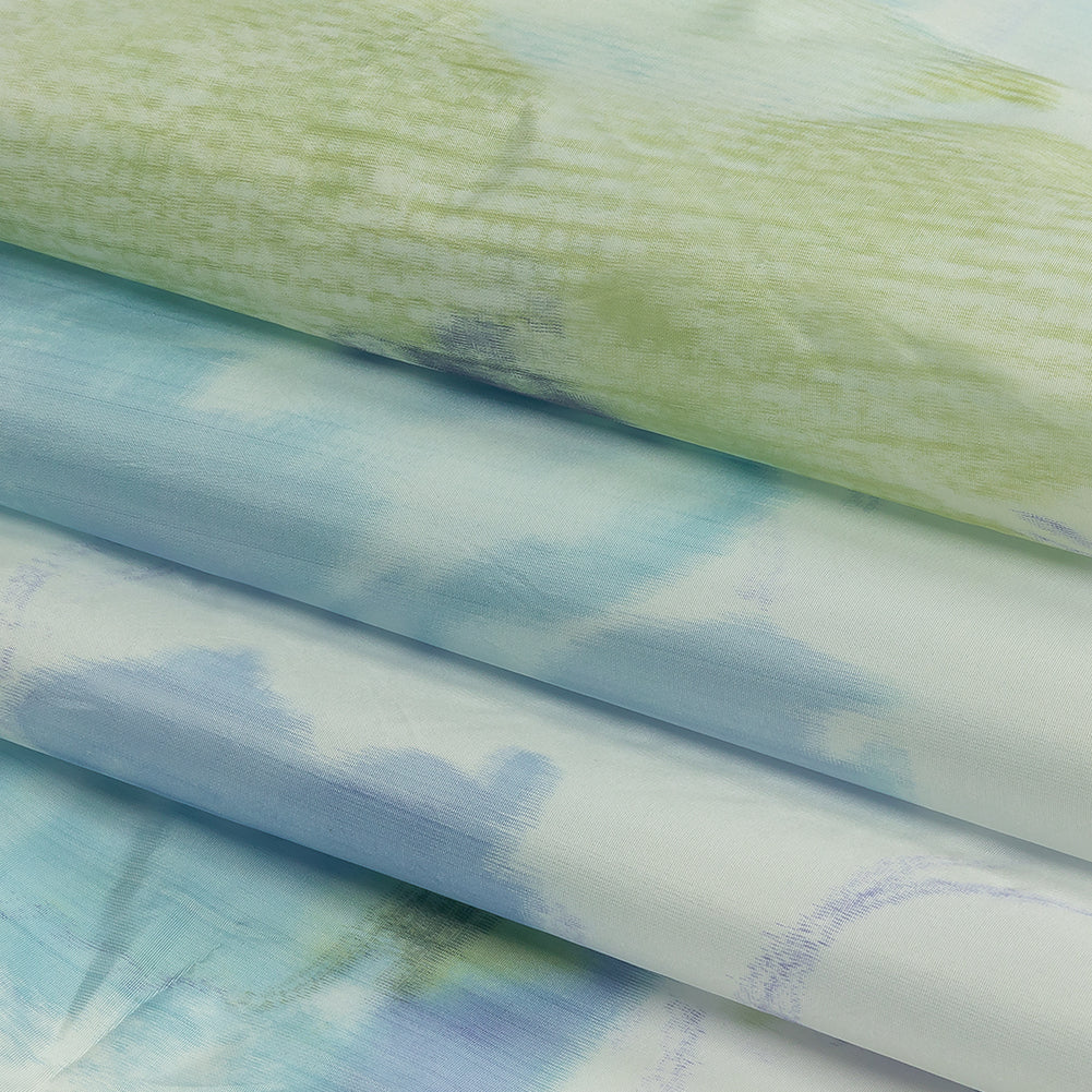 Italian Sky, Lime and Barely Blue Watercolor Flowers Warp Printed Polyester Faille Folded Italian Sky, Lime and Barely Blue Watercolor Flowers Warp Printed Polyester Faille Folded