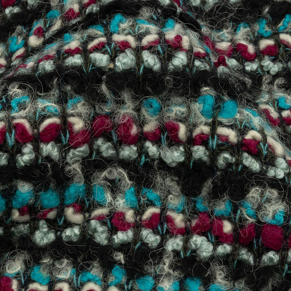Charcoal, Magenta and Turquoise Striped Boucle Chunky Wool Sweater Knit Detail Charcoal, Magenta and Turquoise Striped Boucle Chunky Wool Sweater Knit Detail