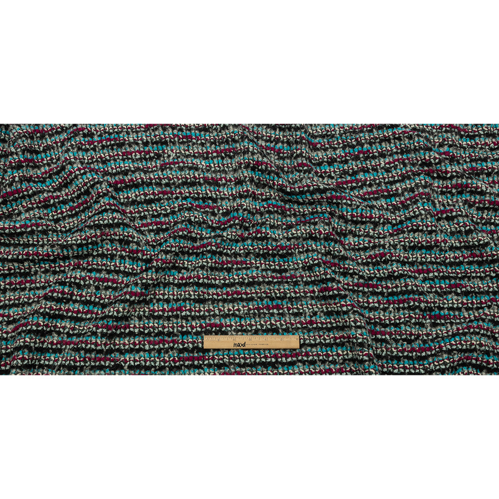 Charcoal, Magenta and Turquoise Striped Boucle Chunky Wool Sweater Knit Full Charcoal, Magenta and Turquoise Striped Boucle Chunky Wool Sweater Knit Full