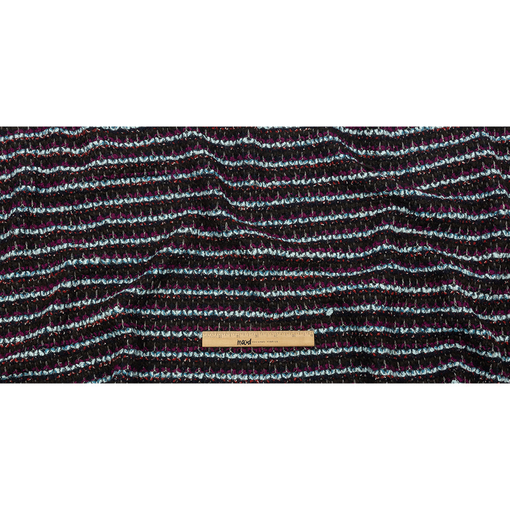 Navy, Sky Blue and Red Violet Striped Boucle Chunky Wool Sweater Knit Full Navy, Sky Blue and Red Violet Striped Boucle Chunky Wool Sweater Knit Full