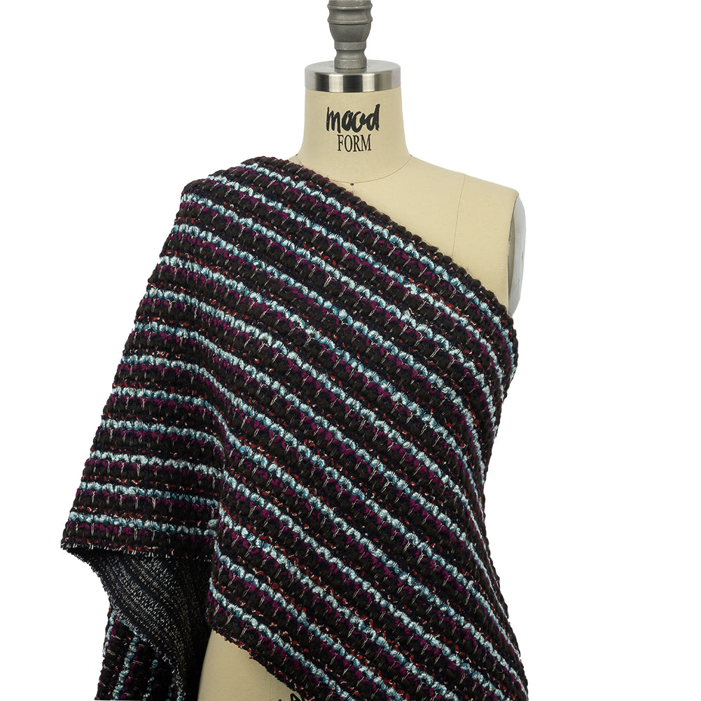 Navy, Sky Blue and Red Violet Striped Boucle Chunky Wool Sweater Knit Drape Navy, Sky Blue and Red Violet Striped Boucle Chunky Wool Sweater Knit Drape