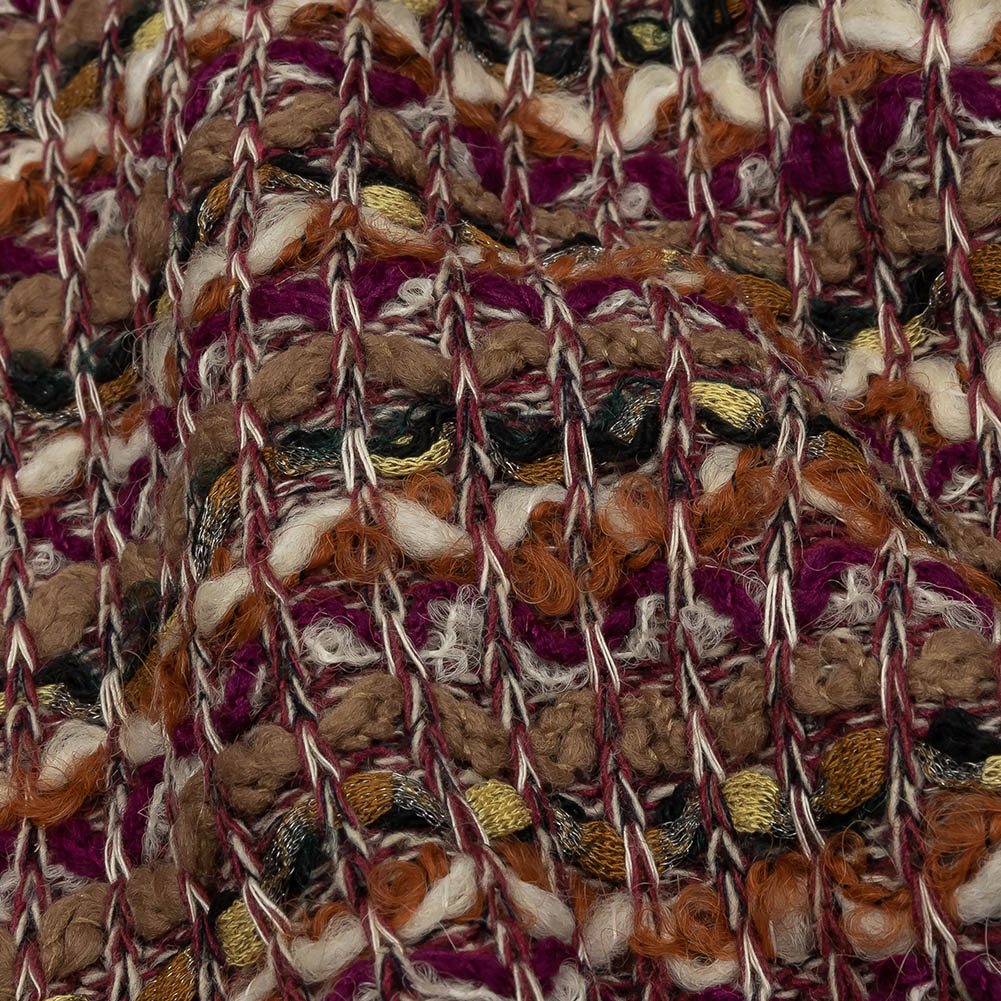 Magenta, Beige and Burnt Orange Striped Chunky Wool Blend Boucle Sweater Knit Detail Magenta, Beige and Burnt Orange Striped Chunky Wool Blend Boucle Sweater Knit Detail