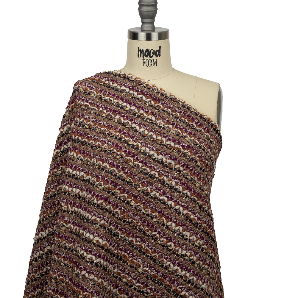 Magenta, Beige and Burnt Orange Striped Chunky Wool Blend Boucle Sweater Knit Drape Magenta, Beige and Burnt Orange Striped Chunky Wool Blend Boucle Sweater Knit Drape