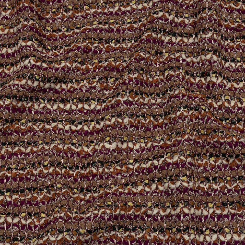 Magenta, Beige and Burnt Orange Striped Chunky Wool Blend Boucle Sweater Knit Magenta, Beige and Burnt Orange Striped Chunky Wool Blend Boucle Sweater Knit