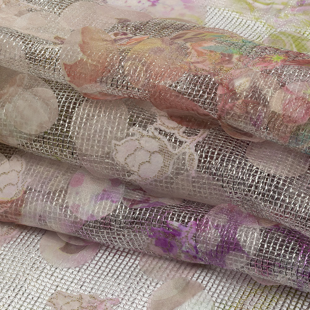 Metallic Mesh with Organza Circle Appliques - Hot Pink, Yellow and Silver Delicate Roses Print Metallic Mesh with Organza Circle Appliques - Hot Pink, Yellow and Silver Delicate Roses Print