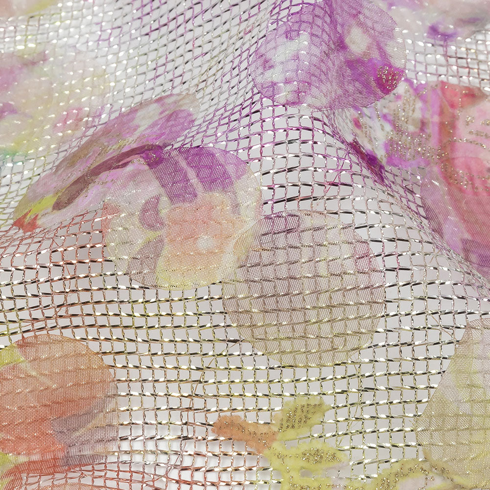 Metallic Mesh with Organza Circle Appliques - Hot Pink, Yellow and Silver Delicate Roses Print Metallic Mesh with Organza Circle Appliques - Hot Pink, Yellow and Silver Delicate Roses Print
