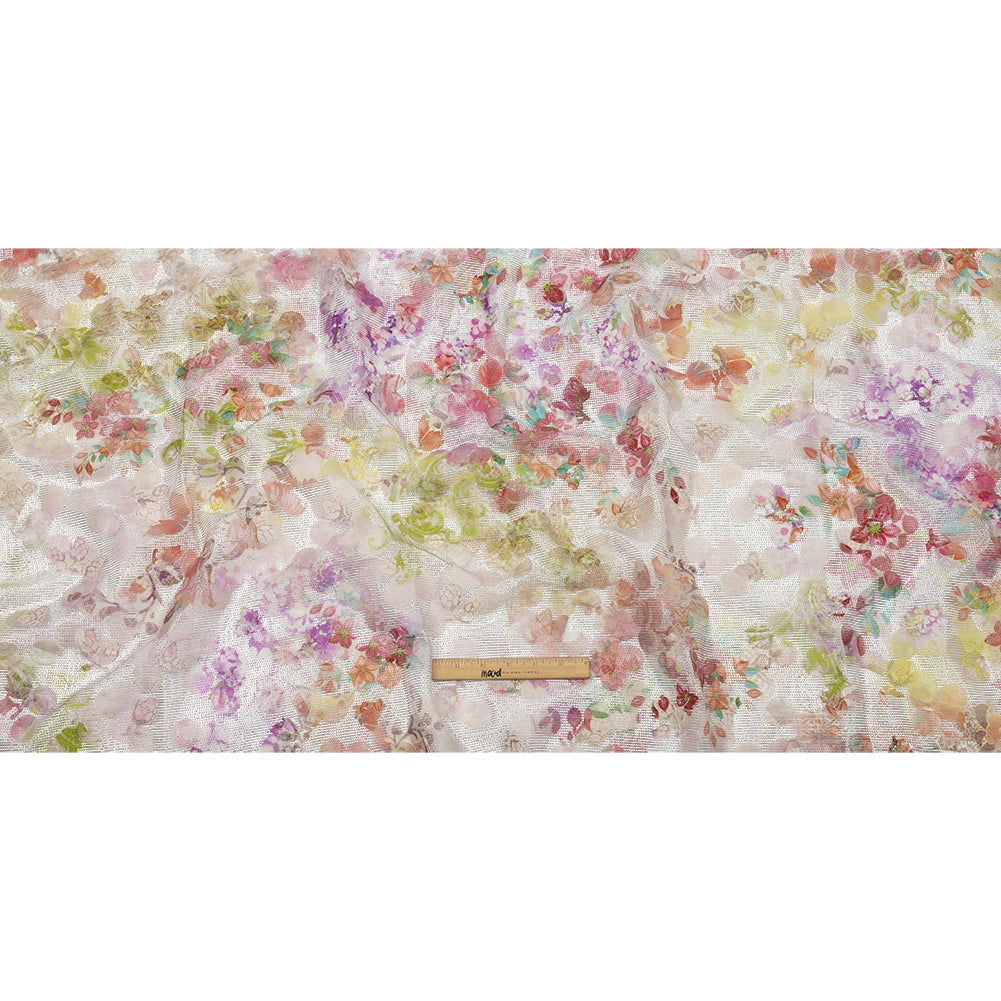 Metallic Mesh with Organza Circle Appliques - Hot Pink, Yellow and Silver Delicate Roses Print Metallic Mesh with Organza Circle Appliques - Hot Pink, Yellow and Silver Delicate Roses Print