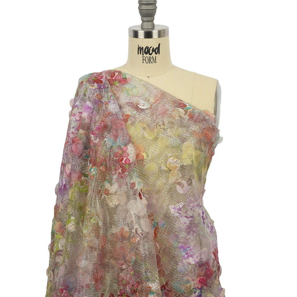 Metallic Mesh with Organza Circle Appliques - Hot Pink, Yellow and Silver Delicate Roses Print Metallic Mesh with Organza Circle Appliques - Hot Pink, Yellow and Silver Delicate Roses Print