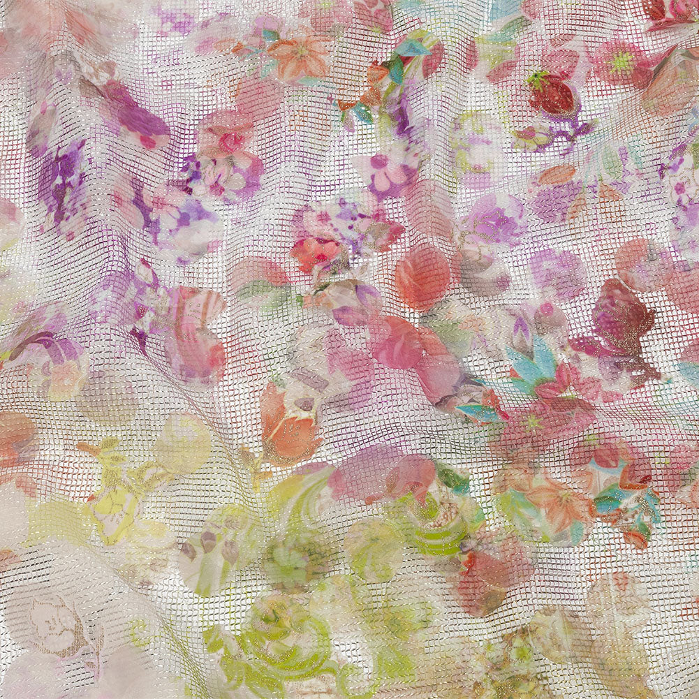 Metallic Mesh with Organza Circle Appliques - Hot Pink, Yellow and Silver Delicate Roses Print Metallic Mesh with Organza Circle Appliques - Hot Pink, Yellow and Silver Delicate Roses Print