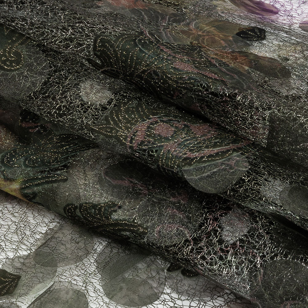 Olive, Purple and Gold Flowers and Leaves Printed Metallic Webbing with Organza Circle Appliques Olive, Purple and Gold Flowers and Leaves Printed Metallic Webbing with Organza Circle Appliques