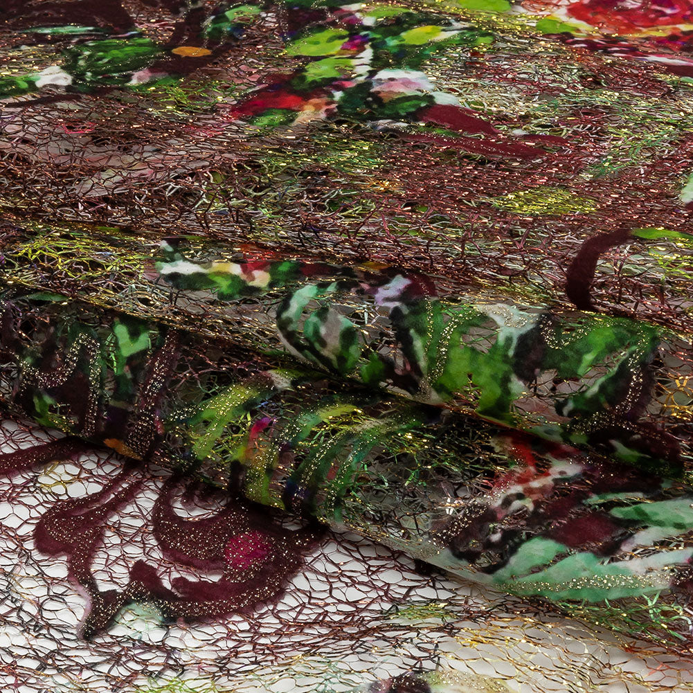 Green and Magenta Rose Garden Printed Metallic Webbing Green and Magenta Rose Garden Printed Metallic Webbing