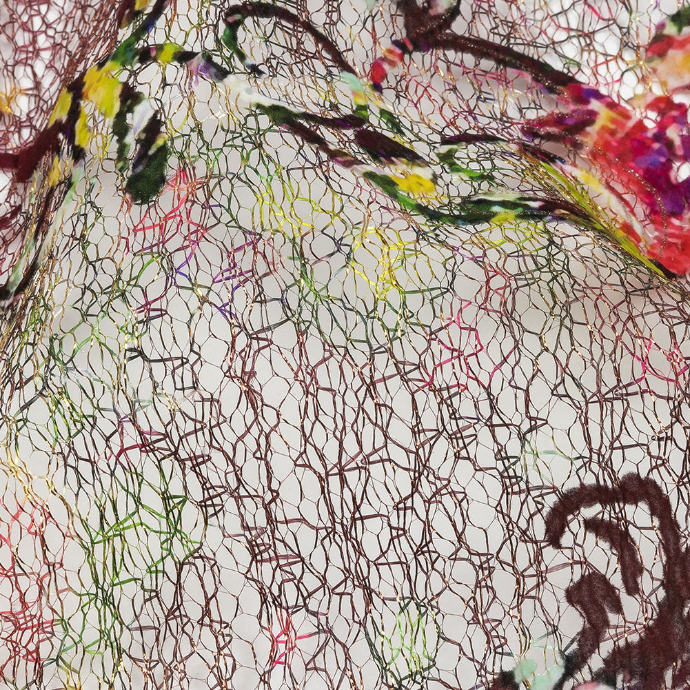 Green and Magenta Rose Garden Printed Metallic Webbing Green and Magenta Rose Garden Printed Metallic Webbing