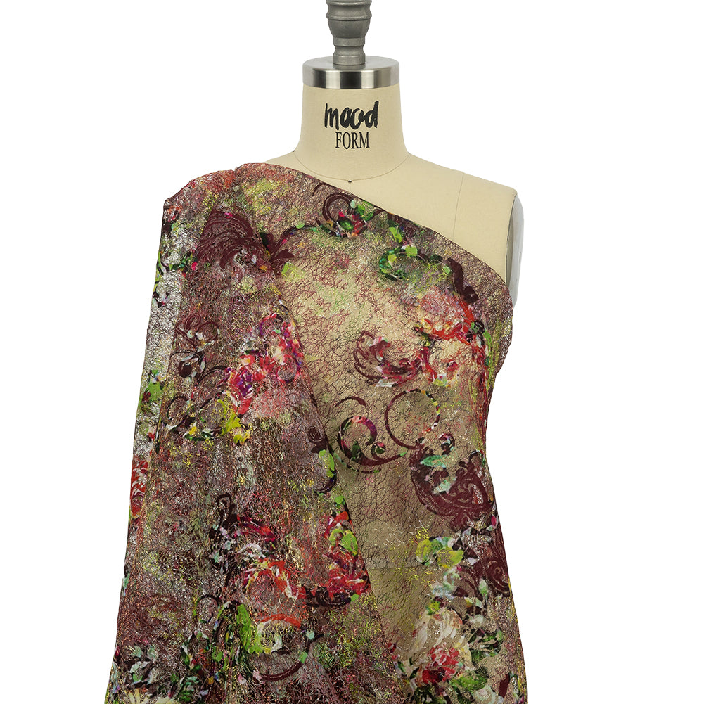 Green and Magenta Rose Garden Printed Metallic Webbing Green and Magenta Rose Garden Printed Metallic Webbing