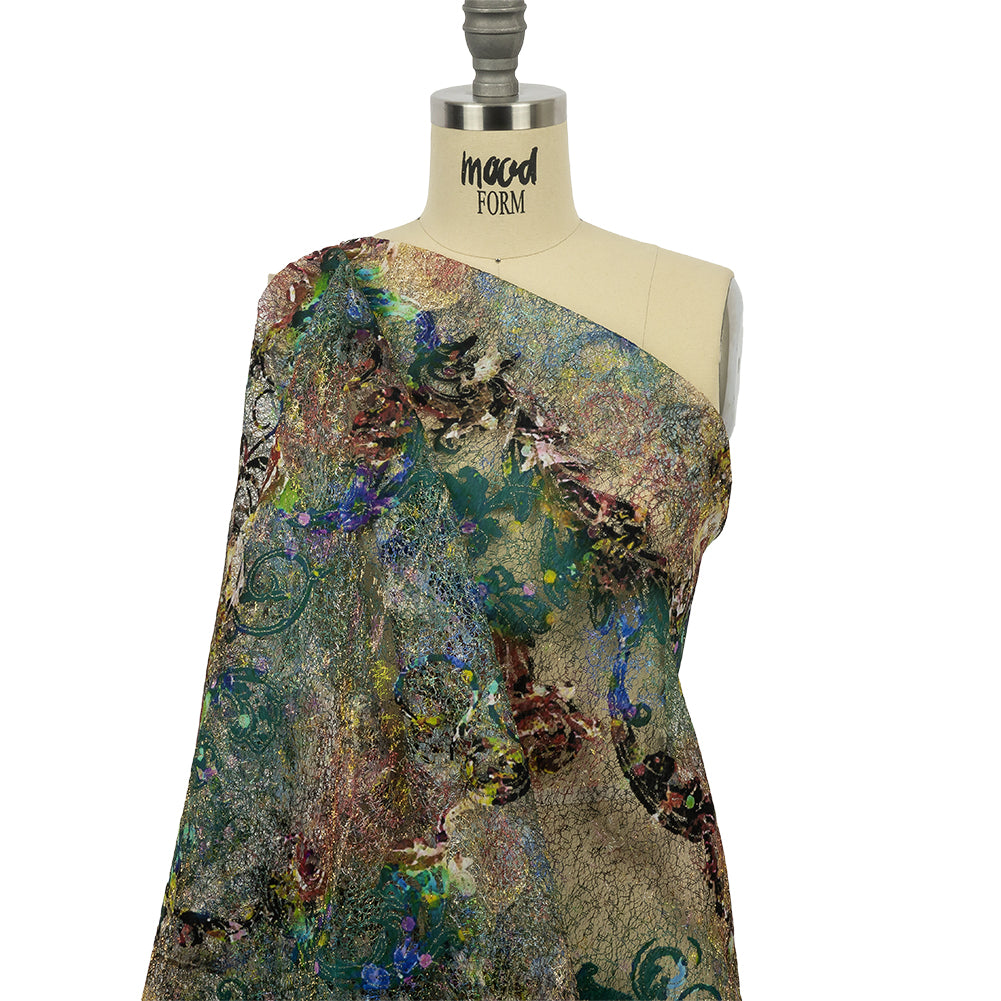 Teal and Maroon Rose Garden Printed Metallic Webbing Teal and Maroon Rose Garden Printed Metallic Webbing