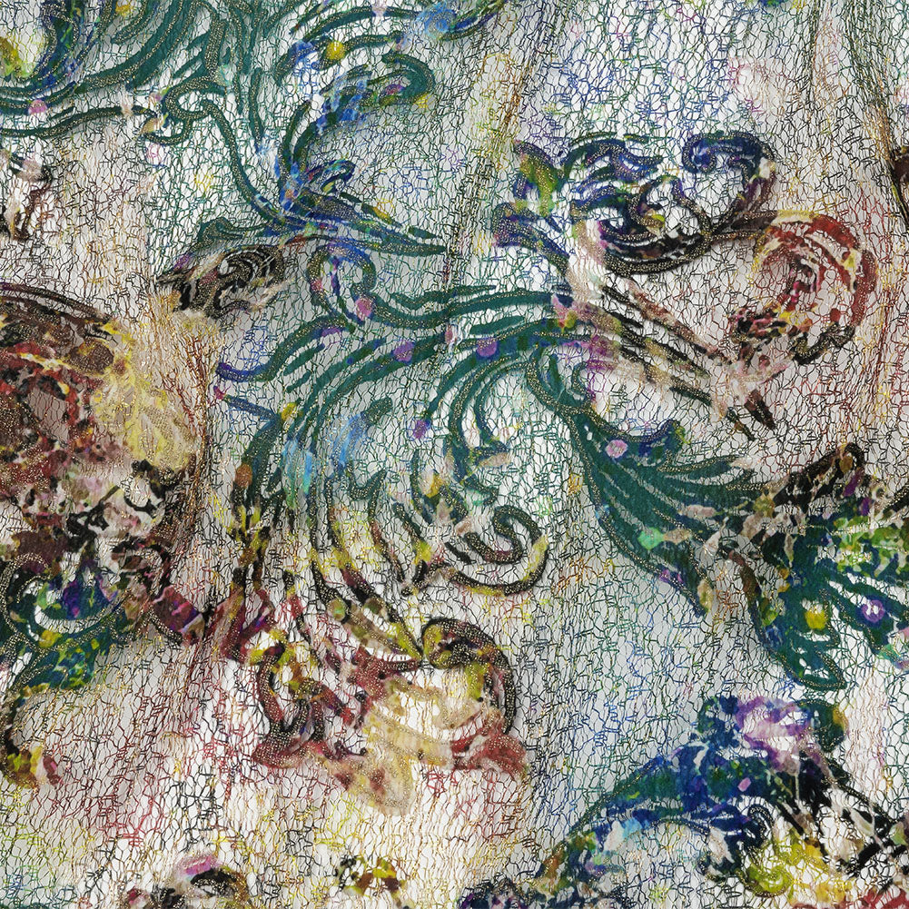 Teal and Maroon Rose Garden Printed Metallic Webbing Teal and Maroon Rose Garden Printed Metallic Webbing